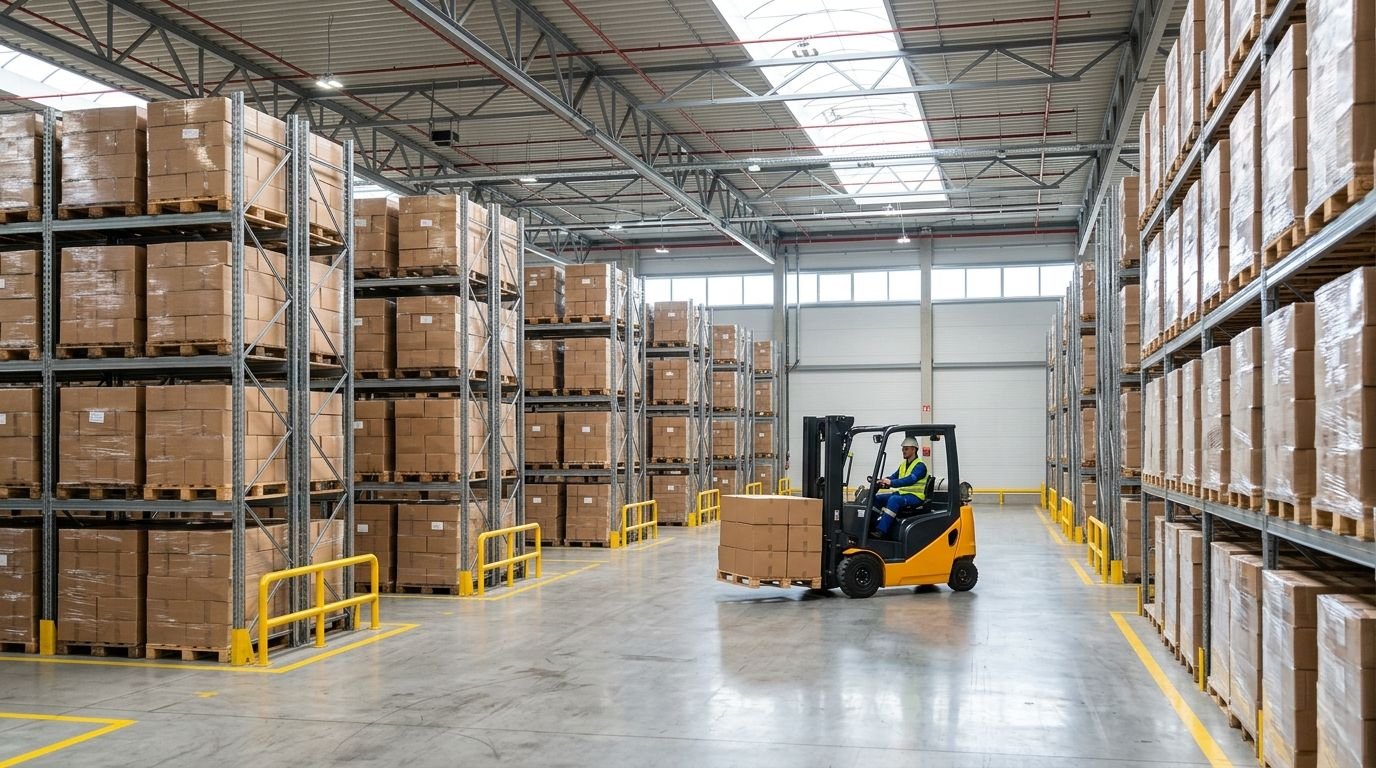 Modern warehouse with organized pallets representing current logistics operations