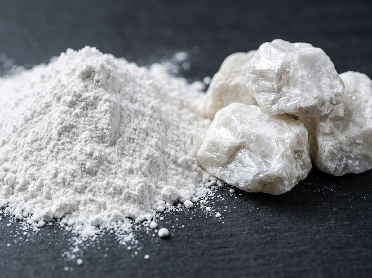 Raw talc lumps and fine white talc powder from Pakistan