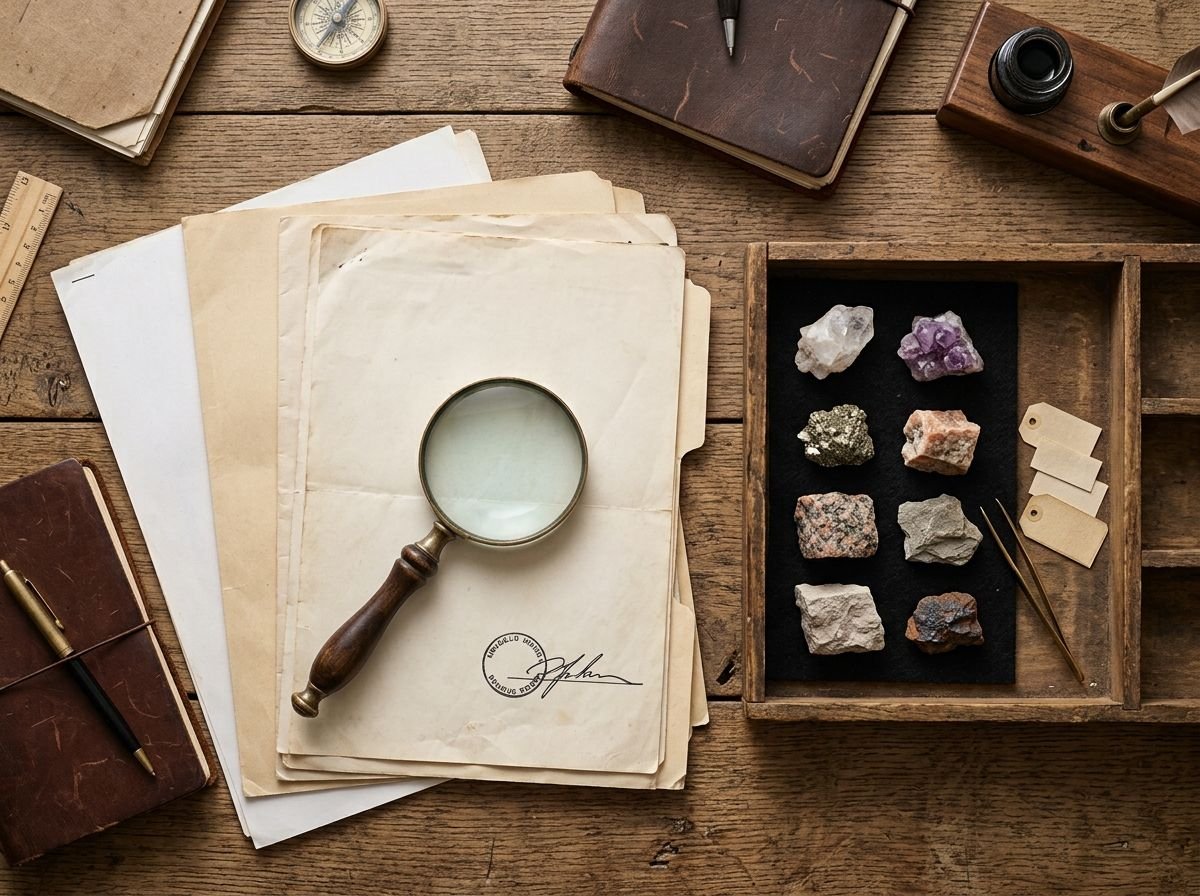 Trade documents and mineral rock samples on a desk