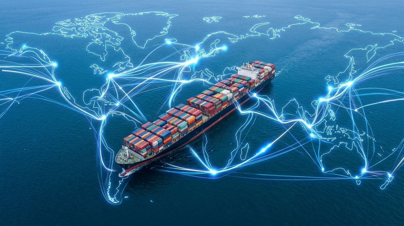 Container ship with global shipping trade routes illustrating worldwide export reach