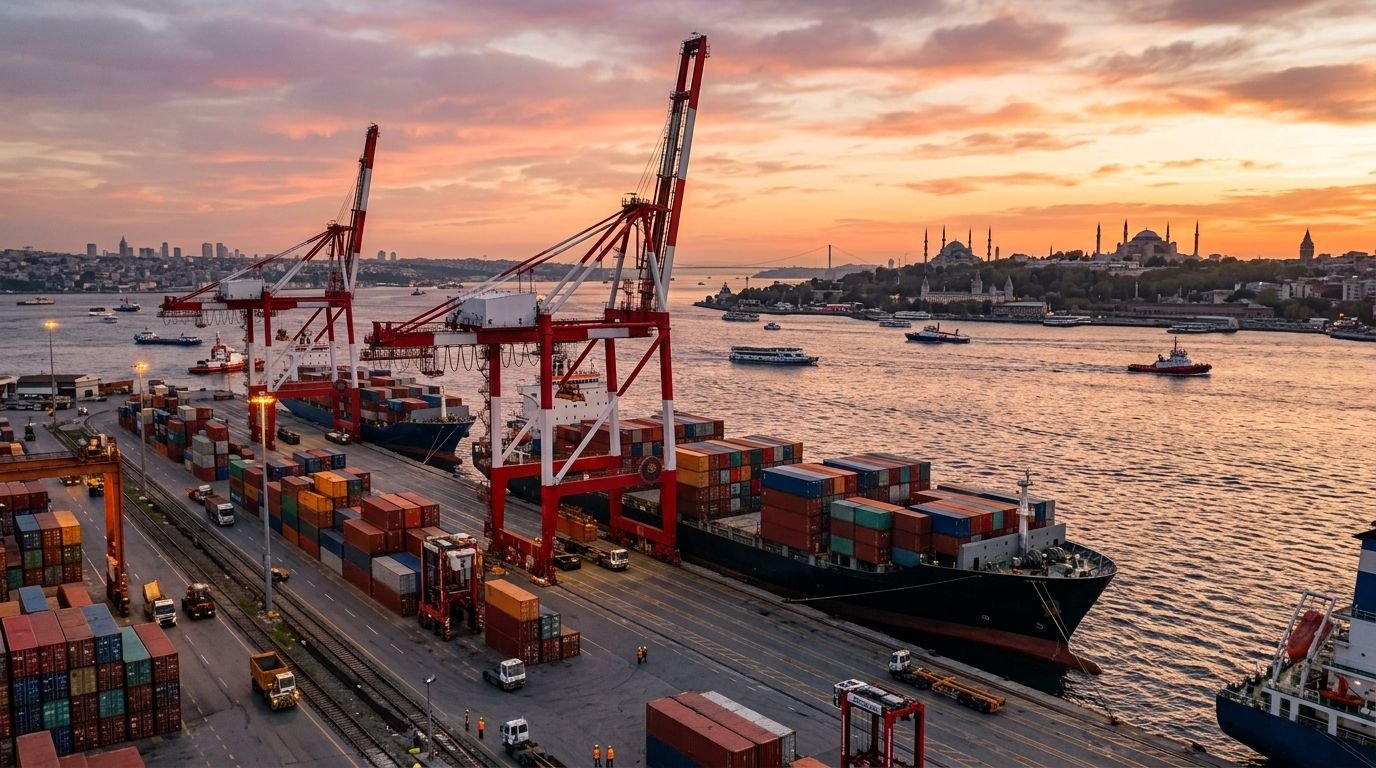 Container port with the Istanbul skyline and Bosphorus at sunset